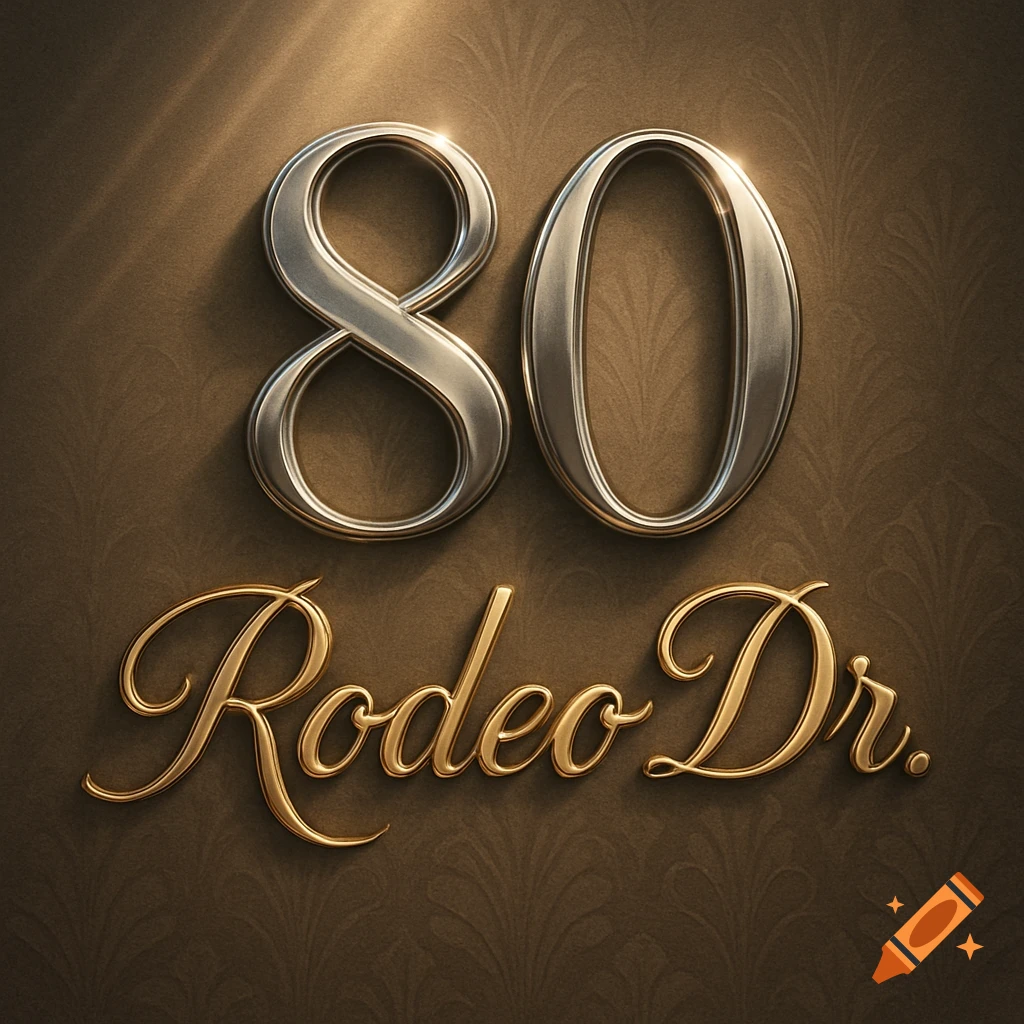 Silver embossed '80' above gold cursive 'Rodeo Dr.' on a brown patterned background.