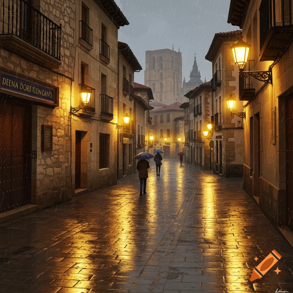 A rainy, cobblestone street in an old European city at night, lined with stone buildings and glowing lanterns, reflecting light on the wet ground. People walk with umbrellas, and a large cathedral tower is visible in the distance.