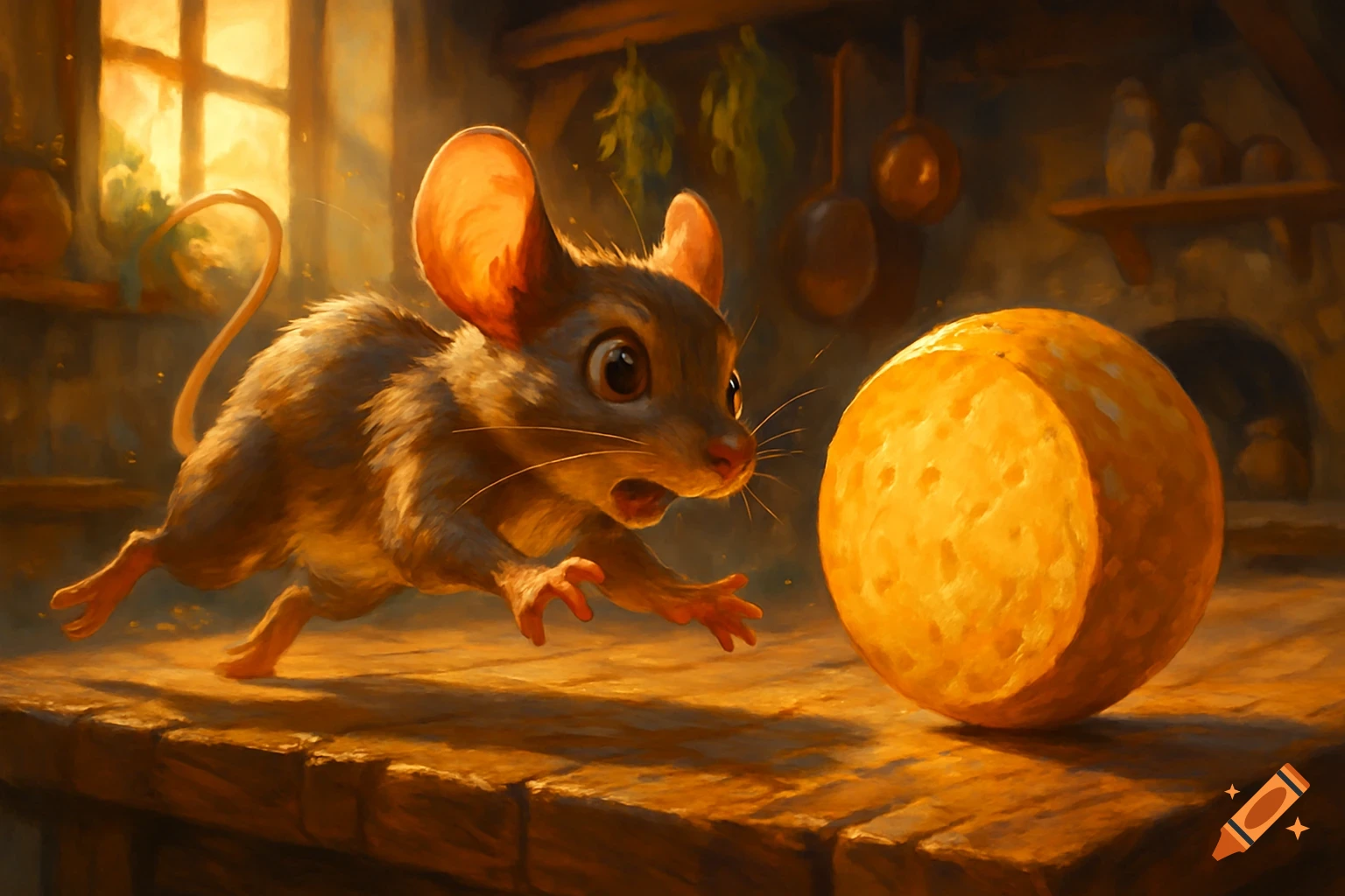 A wide-eyed cartoon mouse runs after a large wheel of cheese on a wooden table in a rustic, warm-lit kitchen, painterly style.