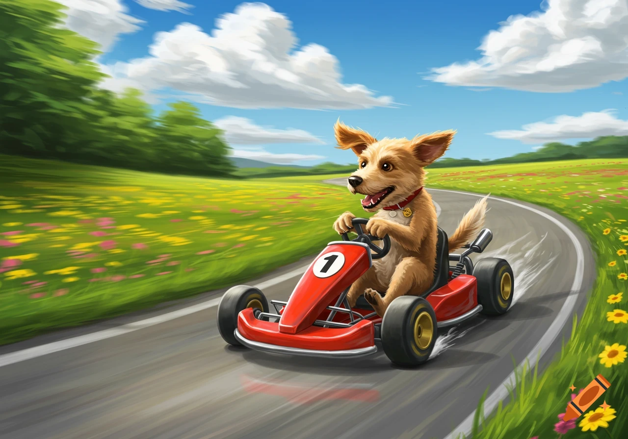 A happy cartoon dog drives a red go-kart with the number 1 on a winding road through a sunny, flowery field.