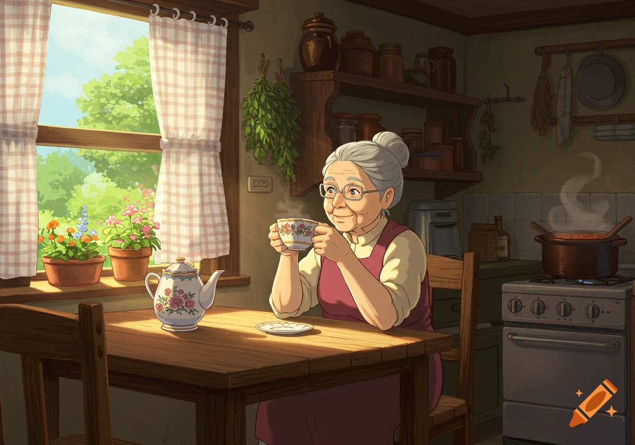 An old woman with glasses and grey hair drinks tea at a wooden table in a cozy Ghibli-style kitchen.