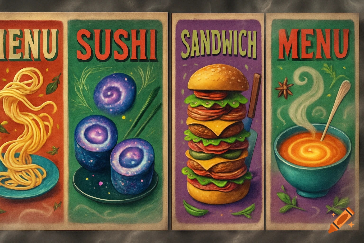 Four vintage-style food posters: one with spaghetti and text "MENU", one with galaxy-like sushi and text "SUSHI", one with a tall burger and text "SANDWICH", and one with a steaming bowl of soup and "MENU" text.