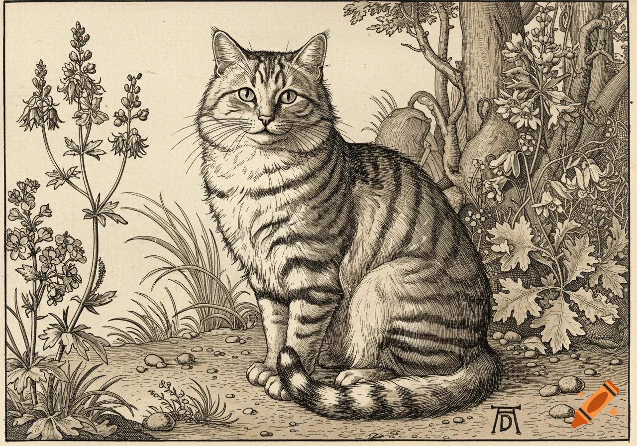 Detailed woodcut of a tabby cat sitting among plants and a tree, in the style of Albrecht Dürer.