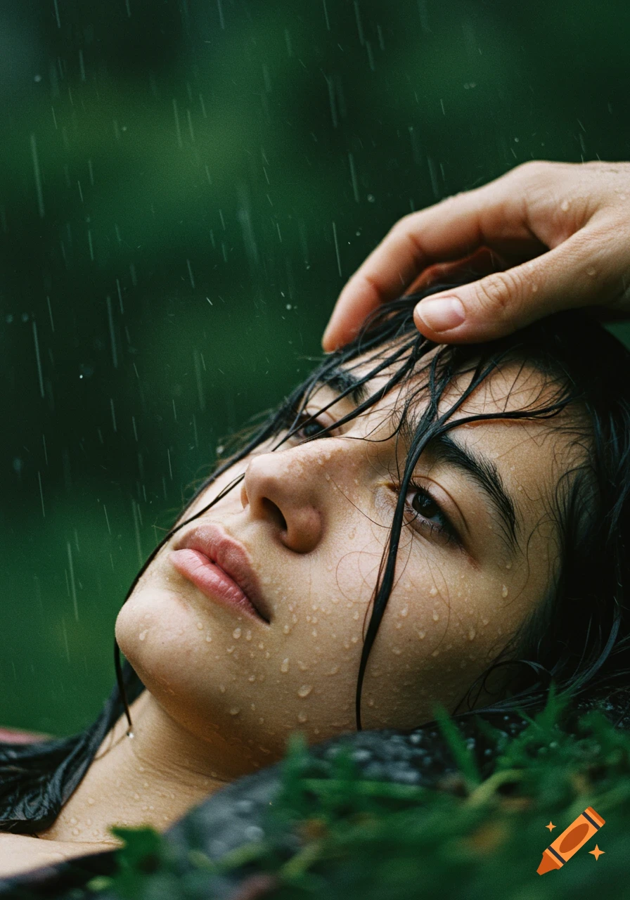 Photorealistic close-up of a person's face wet with rain, a hand gently brushes their hair, against a blurry green background.