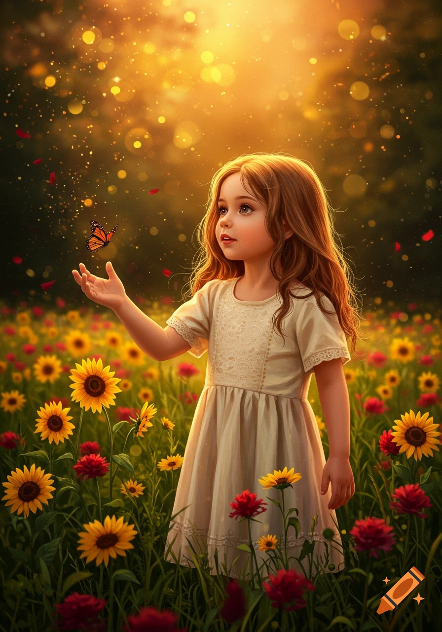 A young girl with long hair reaches out to a butterfly in a field of sunflowers and red flowers, bathed in warm, glowing light.
