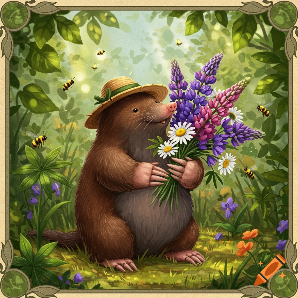 A charming mole in a straw hat smiles while holding a large bouquet of colorful flowers, surrounded by bees in a lush forest.