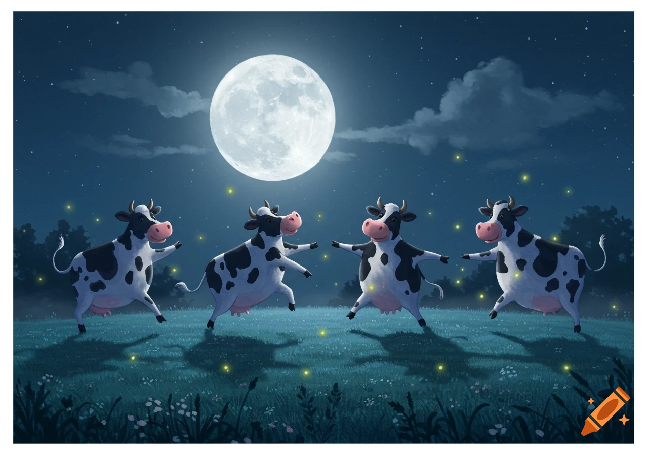 Four cartoon cows dance in a grassy field under a bright full moon, with glowing fireflies around them.