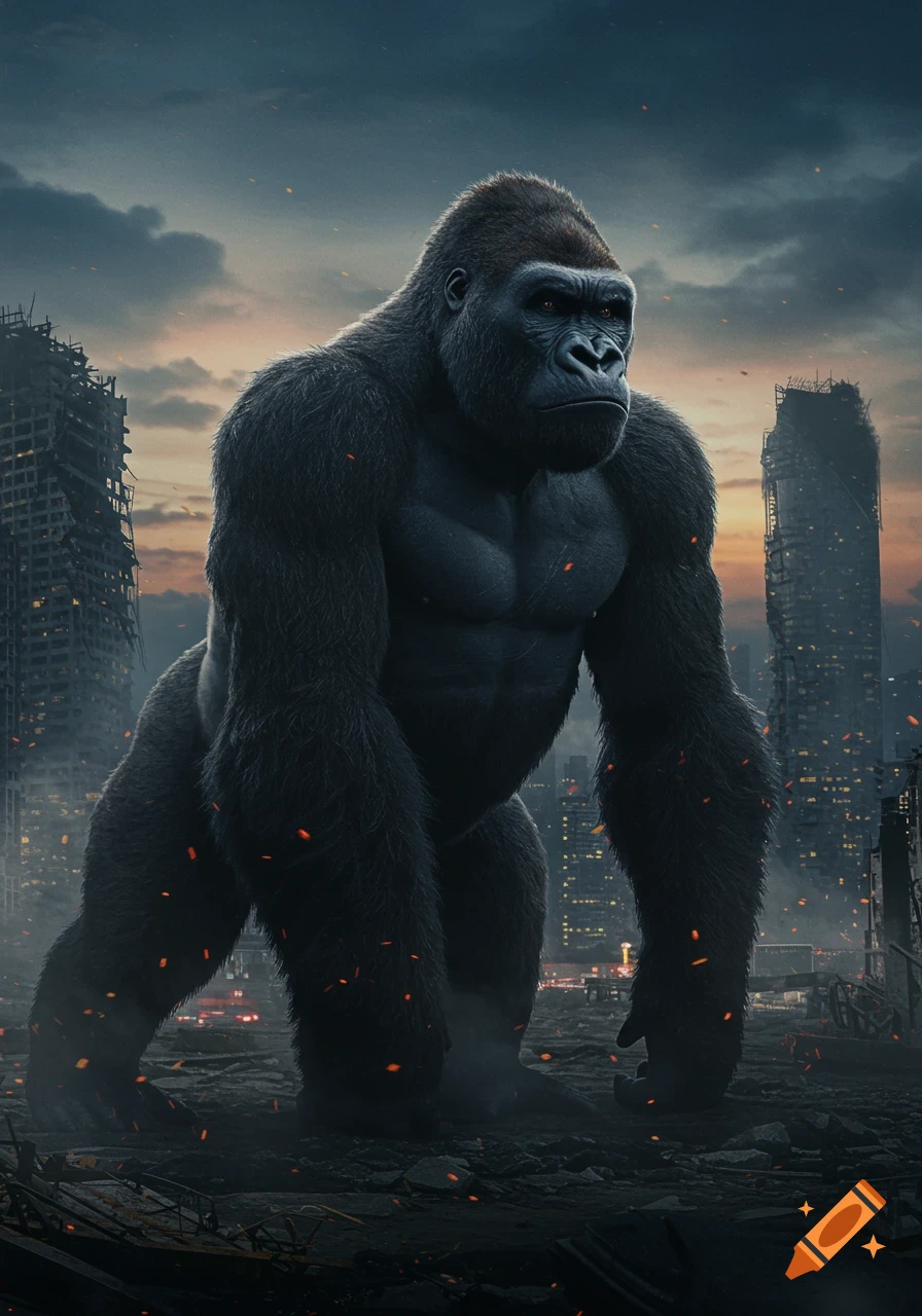 A giant, muscular gorilla resembling King Kong stands in a devastated city at dusk, with crumbling buildings and glowing embers.