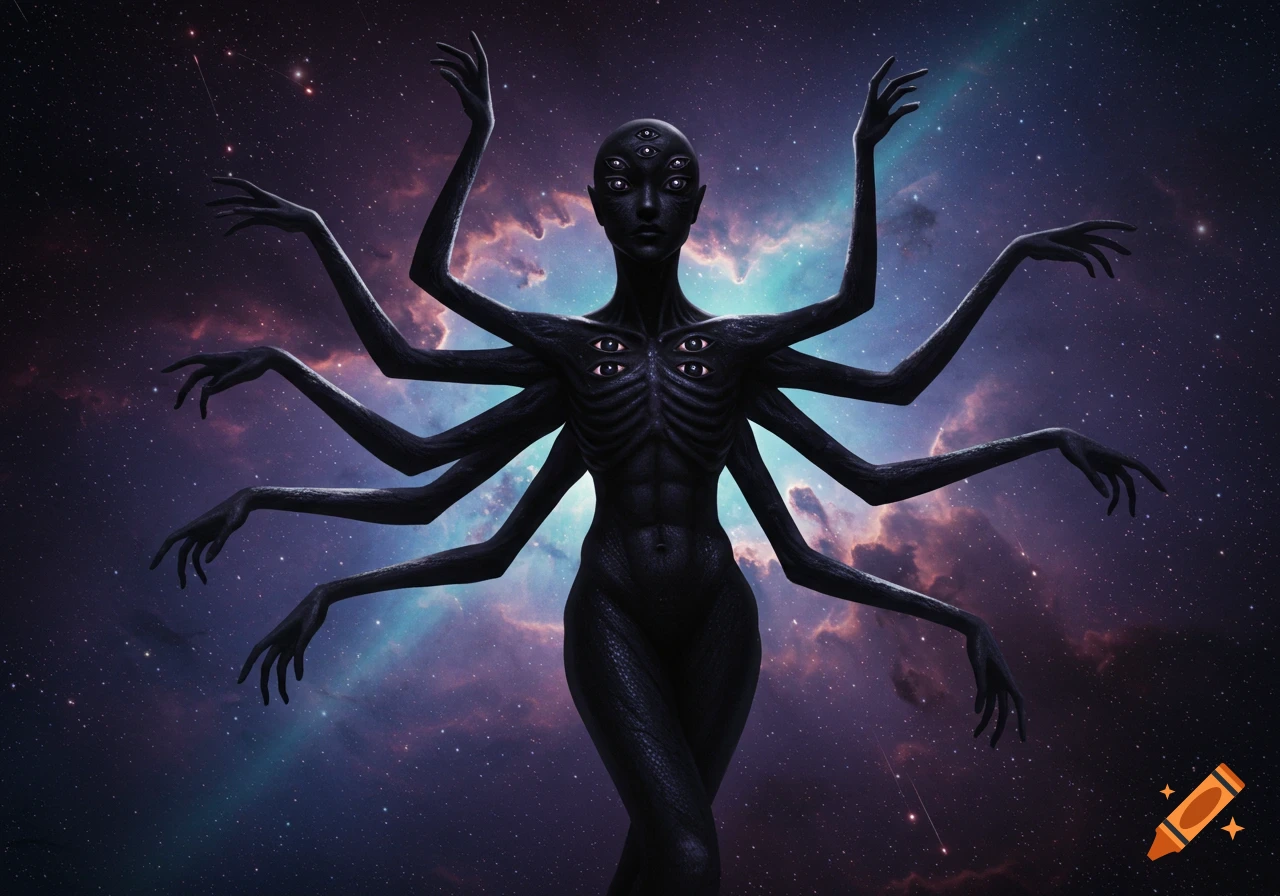 A dark, alien-like humanoid figure with multiple arms and eyes on its face and chest, set against a cosmic background of stars and nebulae.