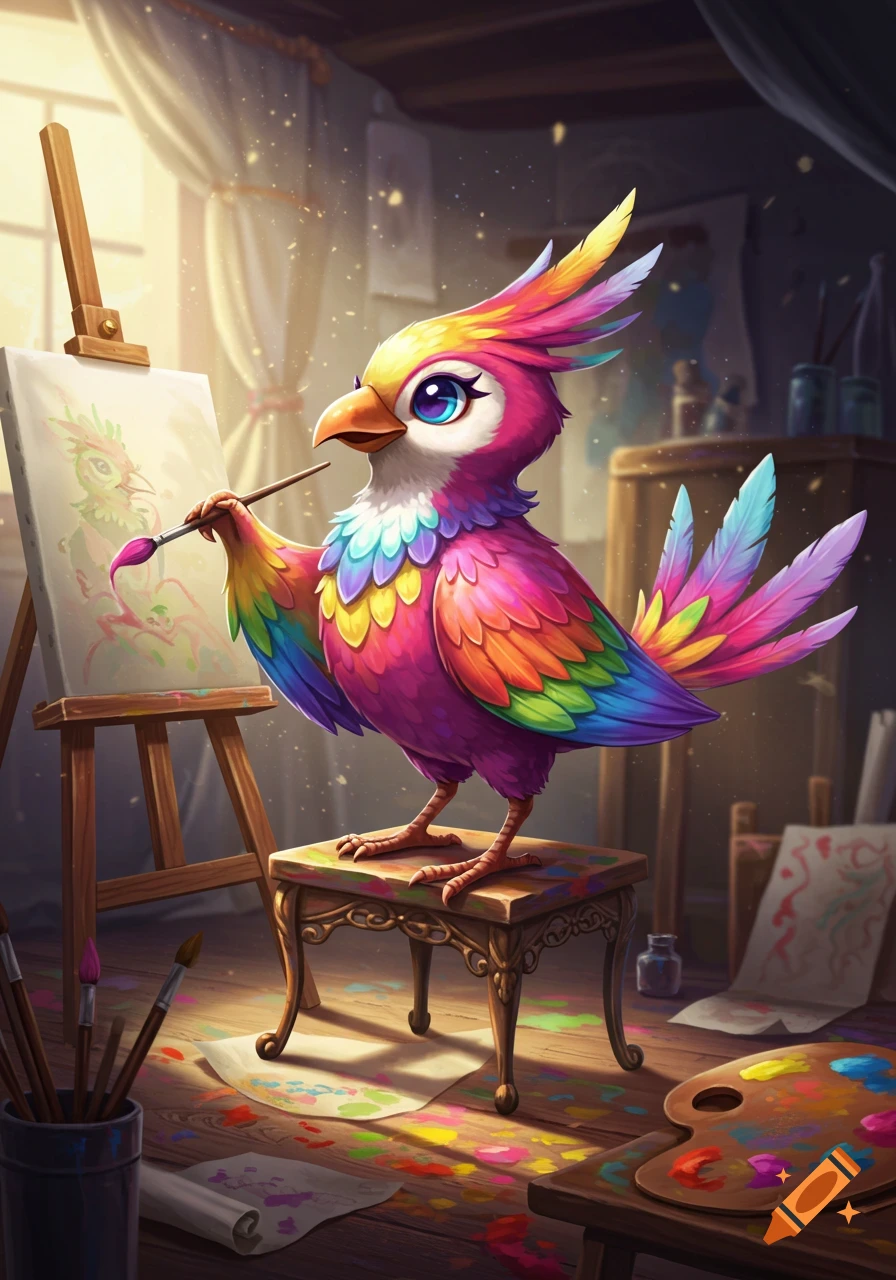 A vibrant, cartoonish bird with rainbow feathers paints on an easel in a sunlit art studio, surrounded by paint and supplies.