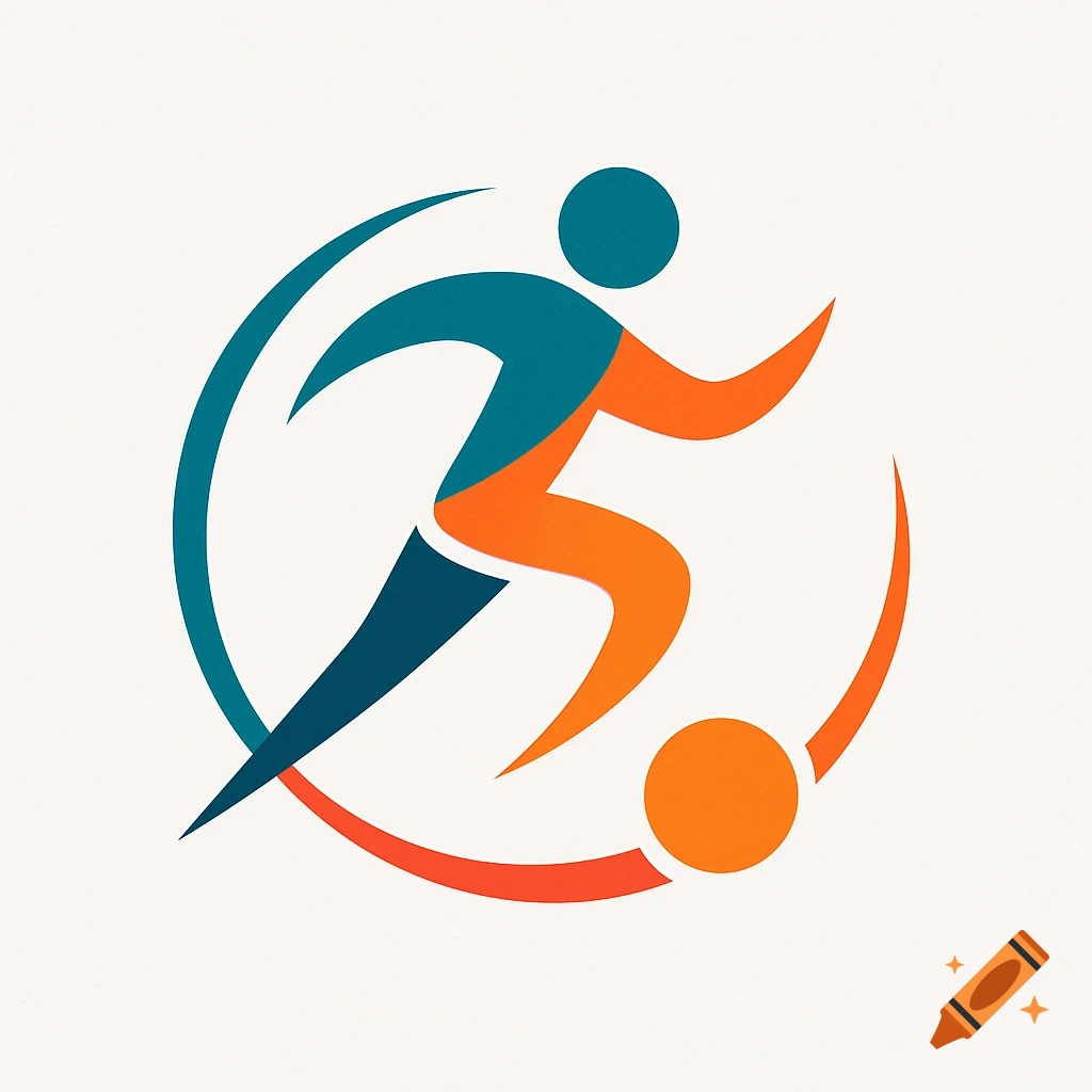 A stylized logo of a teal and orange person running with a ball within an abstract circular design.