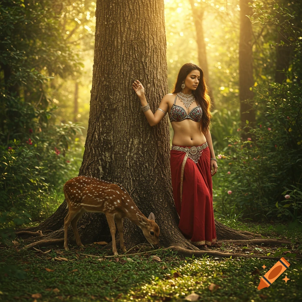 Photorealistic image of an Indian woman in decorative attire leaning on a tree with a spotted deer grazing in a sunlit jungle.