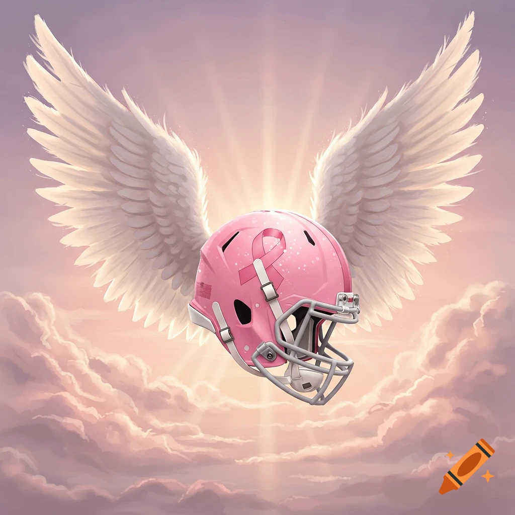 A pink football helmet with a breast cancer awareness ribbon, flanked by white angel wings, floats amidst soft, sunlit clouds.