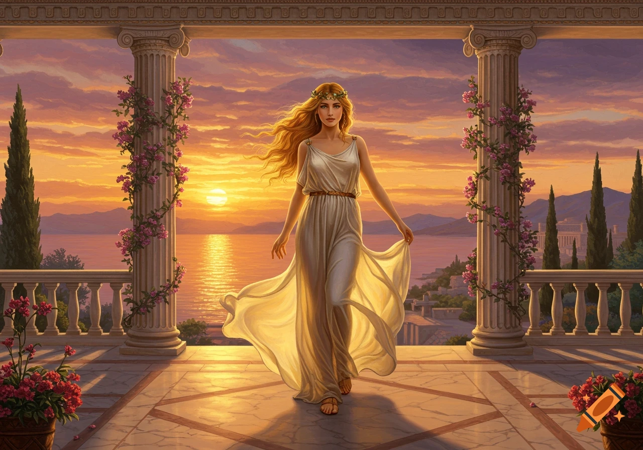 A graceful woman in a flowing white dress walks on an ancient Greek balcony overlooking a golden sunset over the sea, in a painterly style.