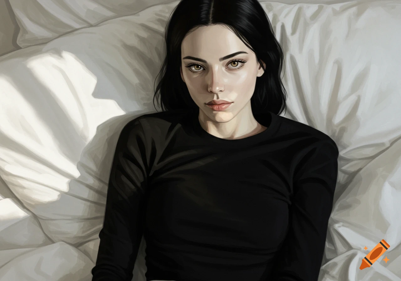 Digital painting of a young woman with dark hair and a black shirt lying on a white bed, looking at the viewer.