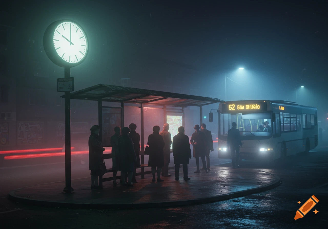 A moody photorealistic night scene of a bus stopping at a bus shelter, with several people waiting under a clock and glowing streetlights.