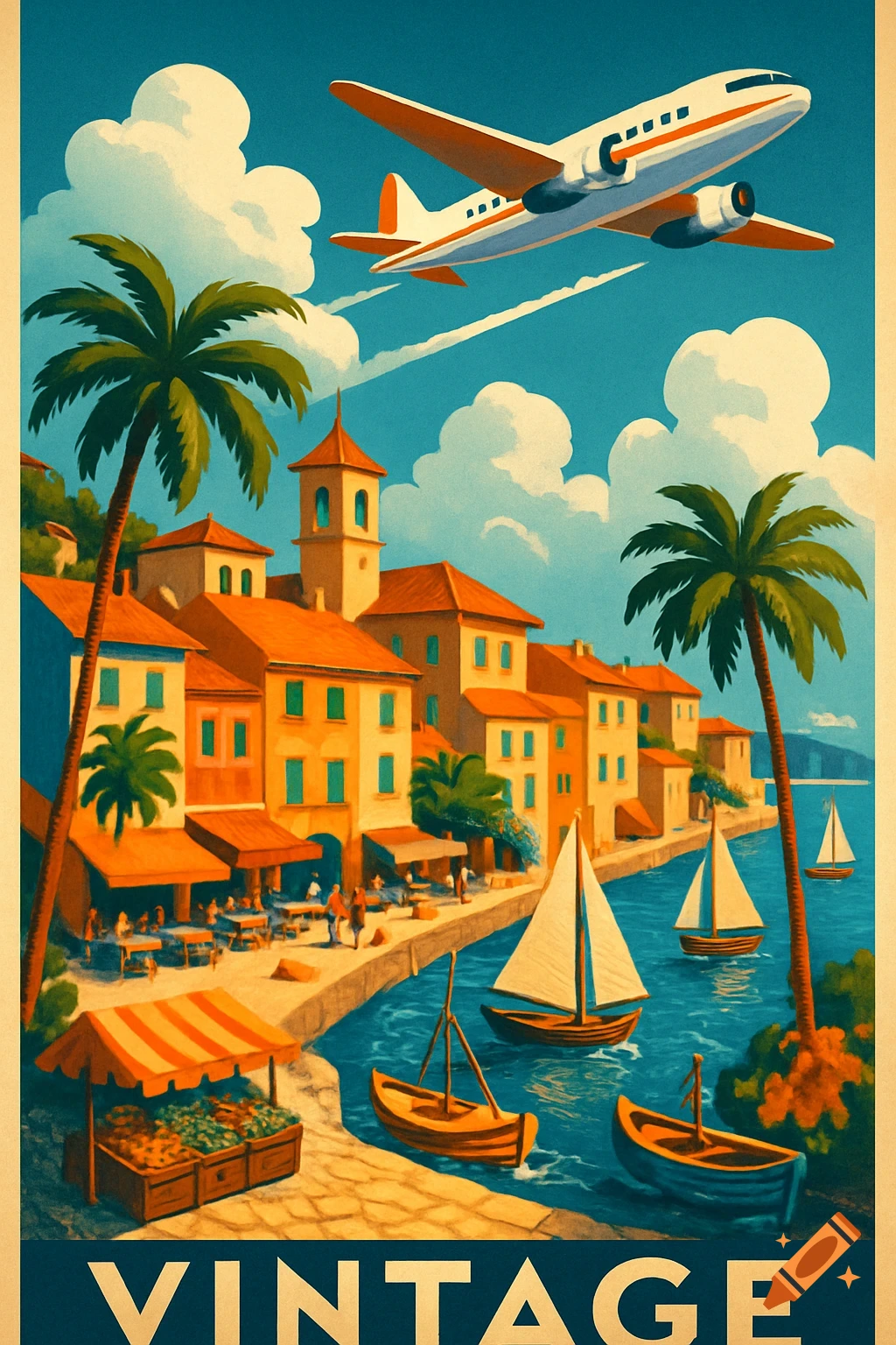 Vintage travel poster showing an airplane flying over a vibrant coastal town with palm trees, boats, and the word 'VINTAGE' at the bottom.