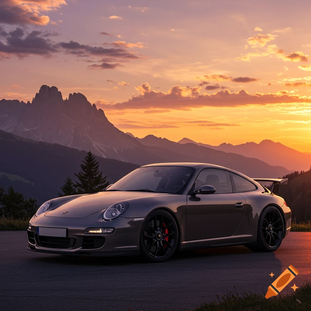 A grey Porsche 997 GT3 parked on a road with mountains and a vibrant orange sunset in the background.