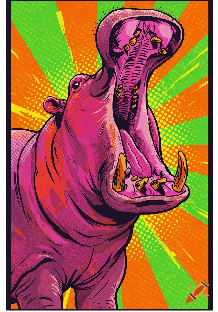 A vibrant pop art illustration of a pink hippo with its mouth wide open, featuring a green and orange radial background.