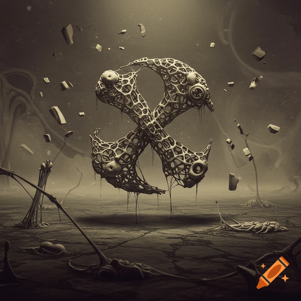 A grotesque, organic, lattice-like symbol floats in a desolate, sepia-toned landscape with debris and strange growths.