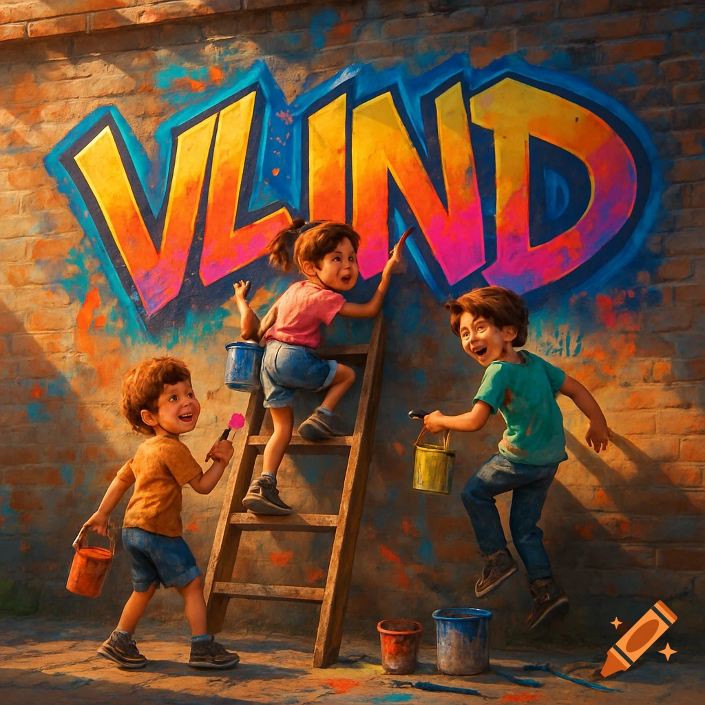 Three happy children painting a large, colorful 'VLIND' graffiti tag on a brick wall; one child on a ladder, two on the ground.