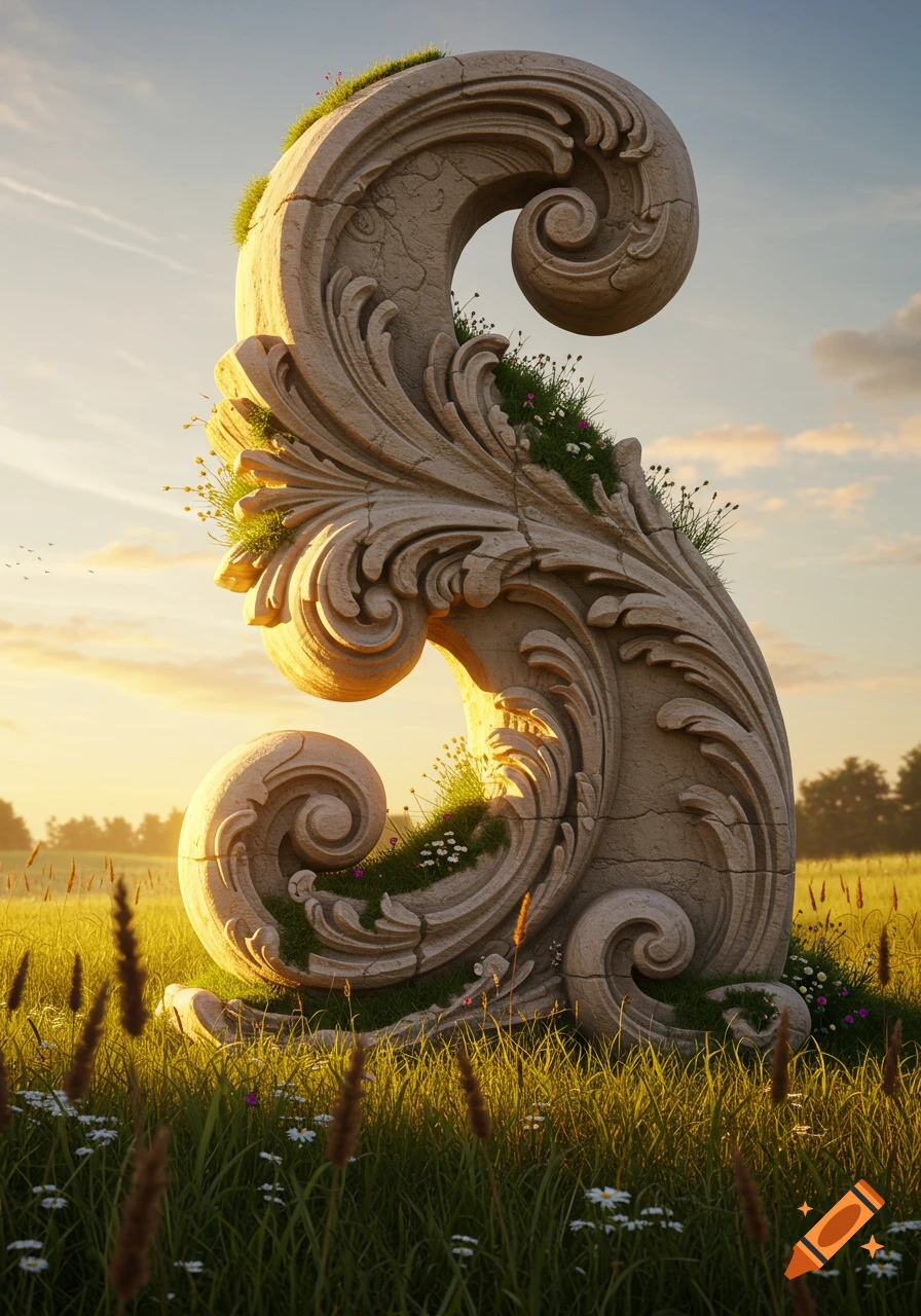 A large, ornate stone rocaille sculpture covered in grass and wildflowers, stands in a sunlit grassy field.