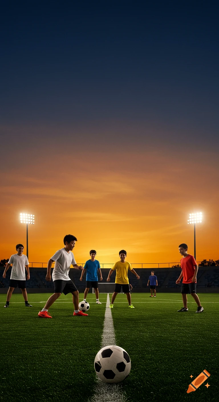 Young diverse children play soccer on a green field during a vibrant orange and navy sunset, with stadium lights illuminating the scene.