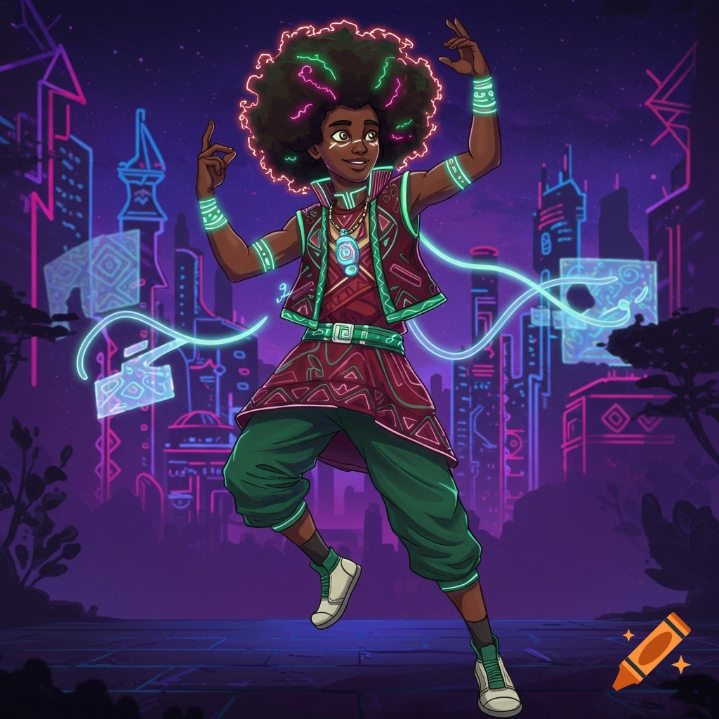 An animated Afrofuturistic character with glowing afro, tribal patterns, and neon energy trails dances in a vibrant sci-fi city.