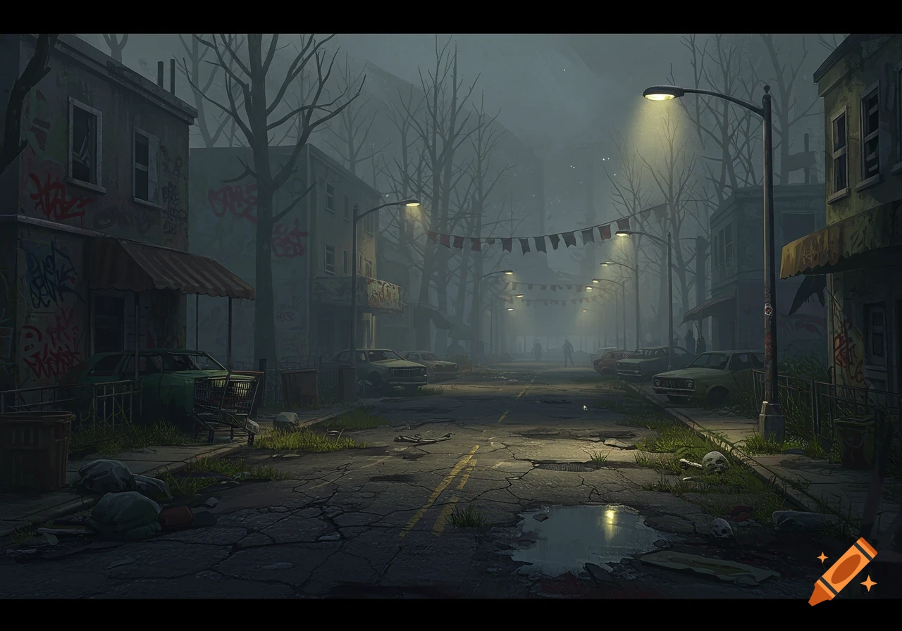 A dark, foggy, abandoned city street with dilapidated buildings, broken cars, and streetlights illuminating puddles.