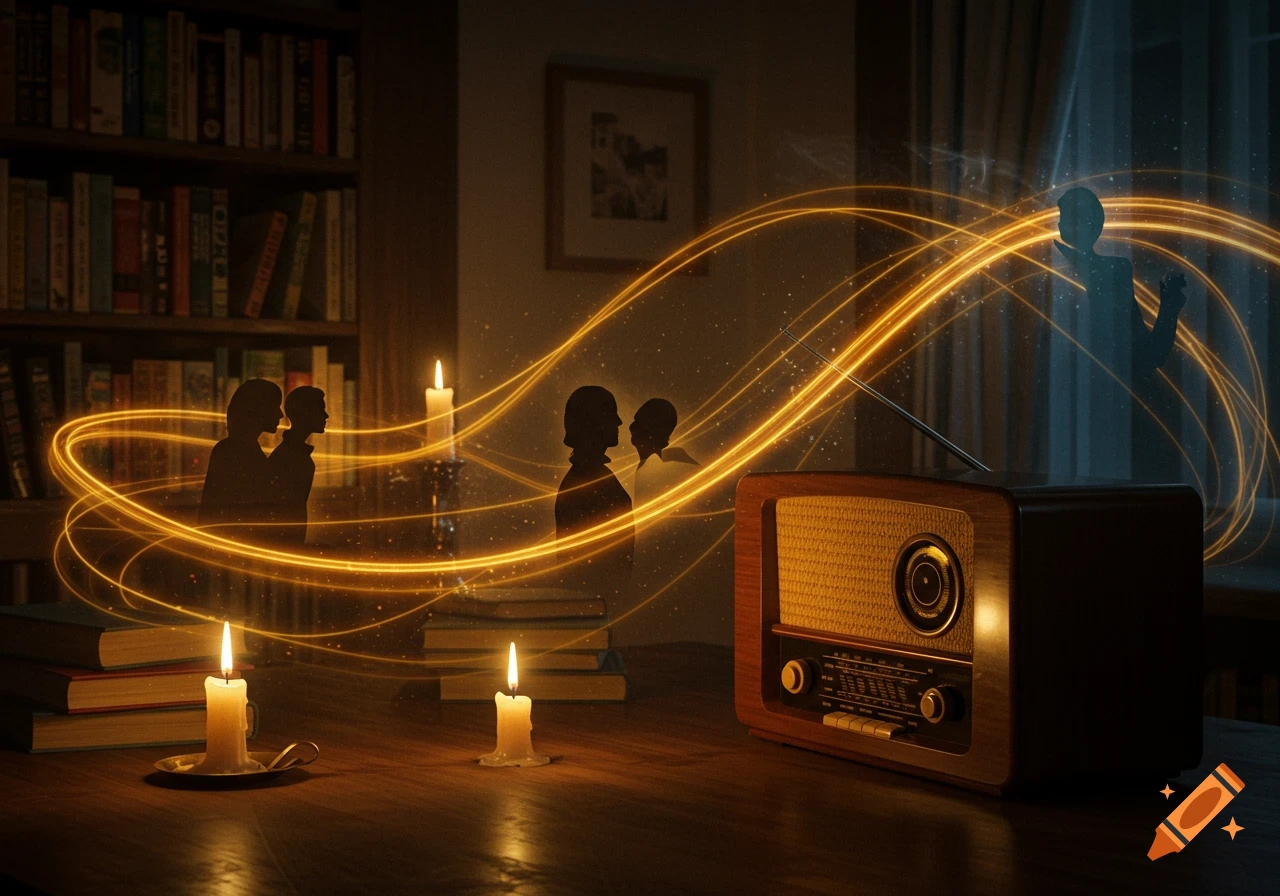 Vintage radio on a candlelit table, glowing golden trails form silhouettes of people in a dark room with bookshelves.