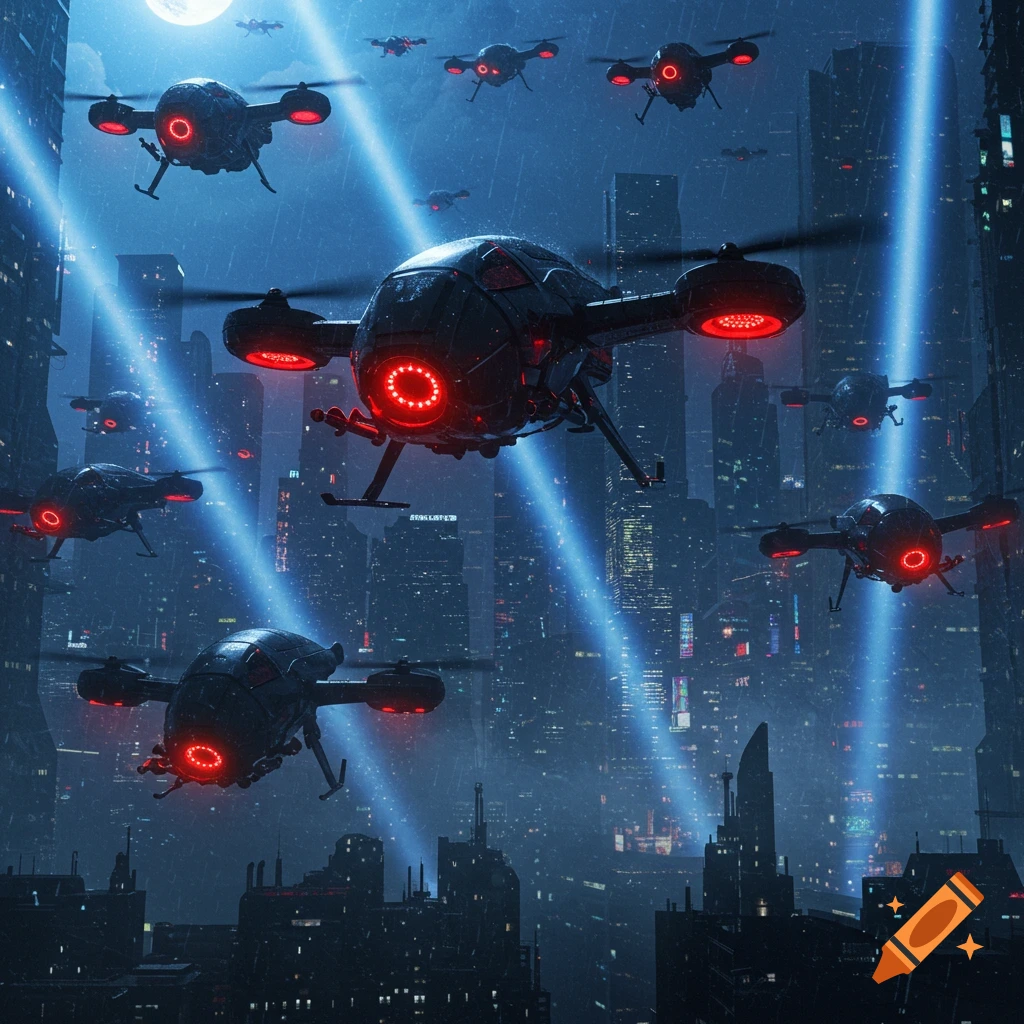 Dark, futuristic drones with glowing red lights fly over a dystopian city with blue light beams and tall buildings at night, in a sci-fi style.
