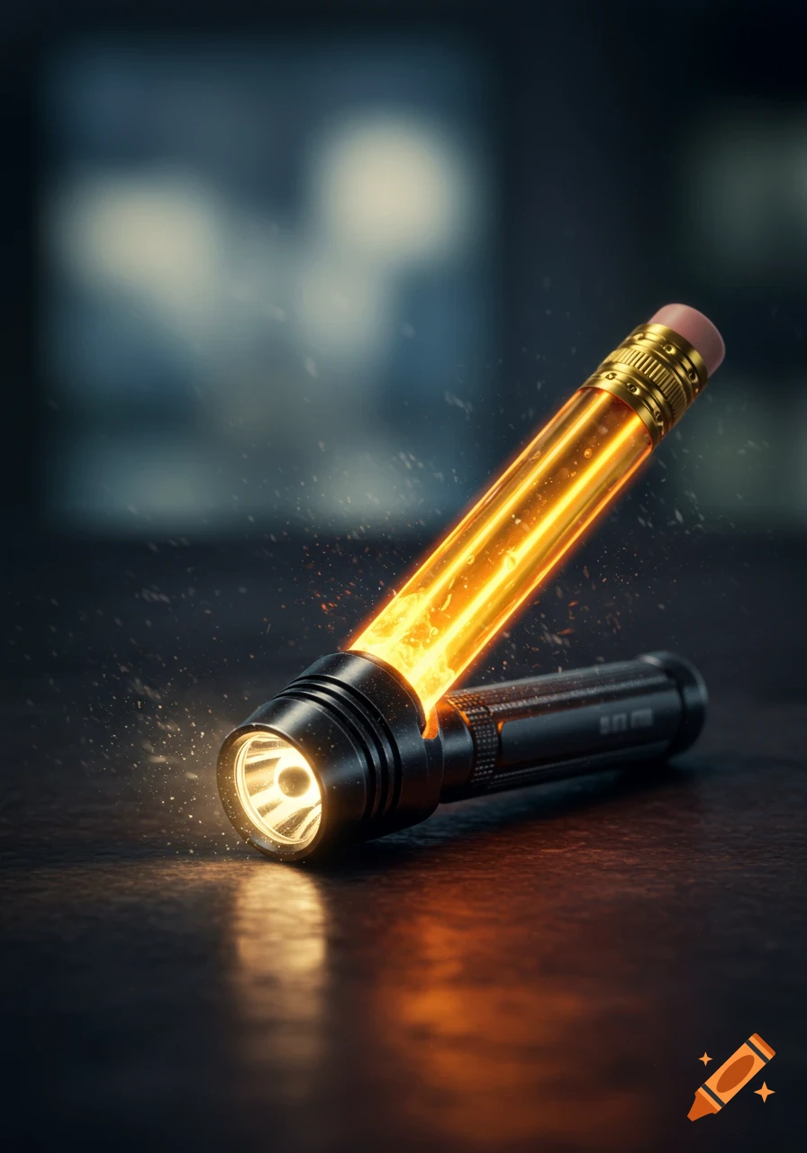 A photorealistic glowing pencil fused with a flashlight, emitting bright orange light on a dark surface.