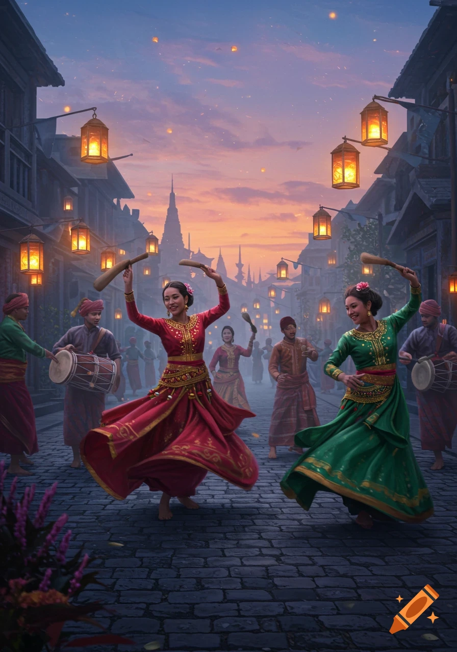 Two women in red and green traditional attire dance with sticks in a lantern-lit street, surrounded by drummers and people at sunset.