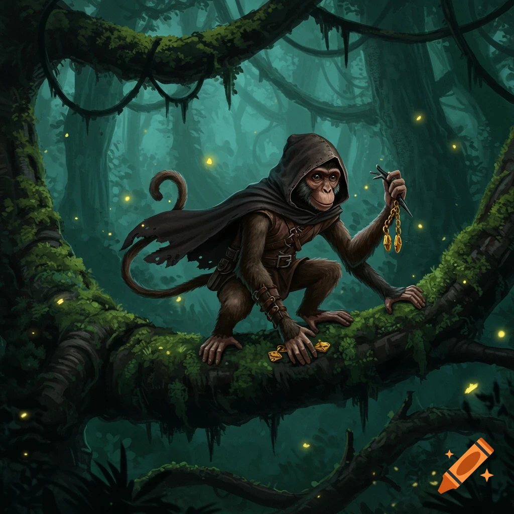 A monkey rogue in a dark cloak and leather armor crouches on a mossy tree branch in a dimly lit jungle, holding golden trinkets.