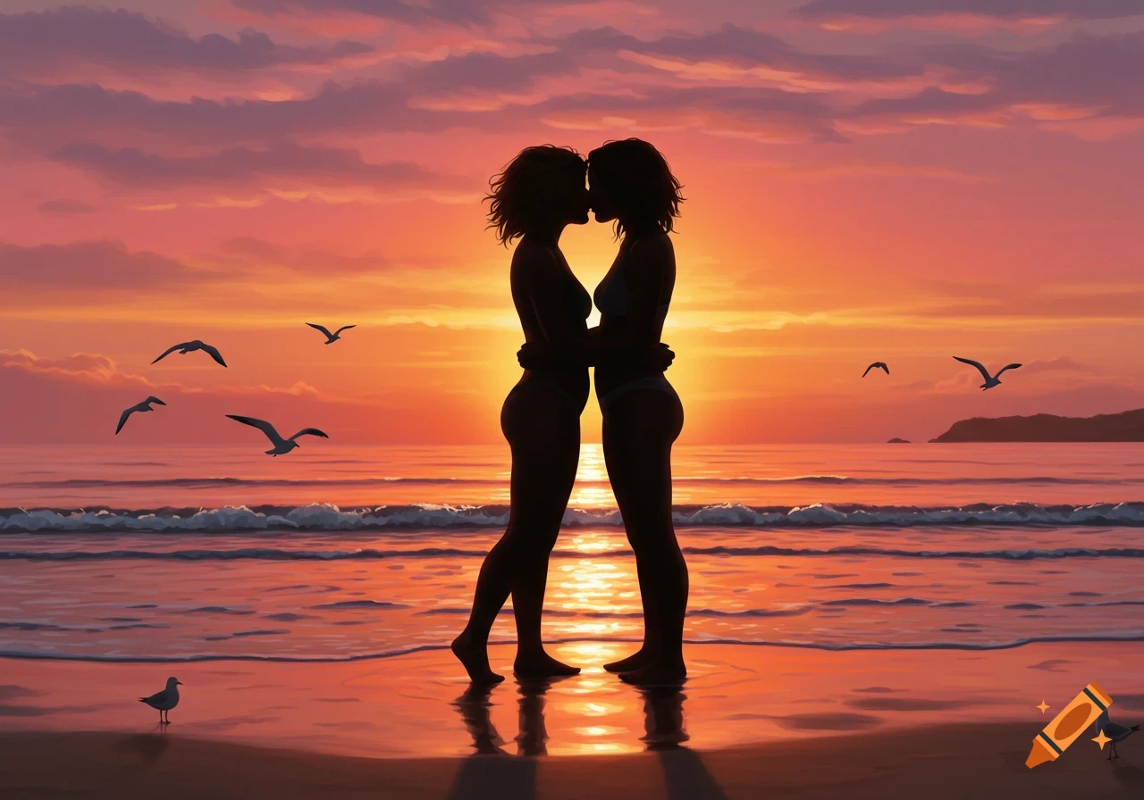 Two women embrace and kiss, silhouetted against a vibrant orange and pink sunset on a beach with gentle waves and gulls.