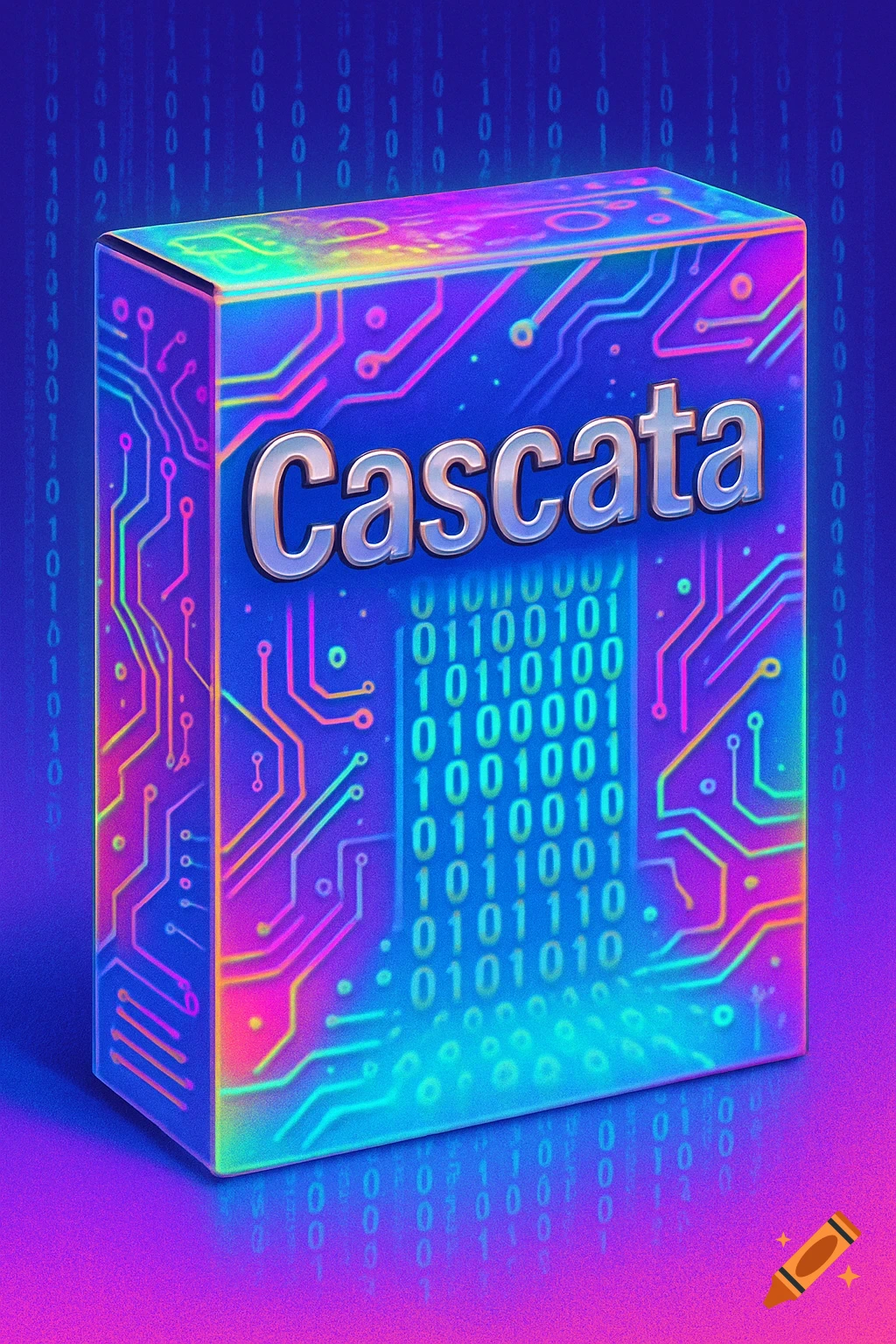 A vibrant, retro 90s software box labeled 'Cascata' with colorful circuit board designs and binary code on a blue and purple background.