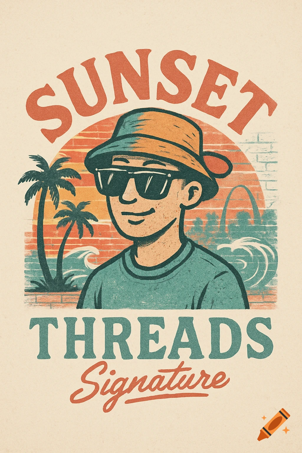 Vintage-style logo featuring a person in sunglasses and a bucket hat, flanked by palm trees, waves, and a city silhouette, with 'SUNSET THREADS Signature' text.