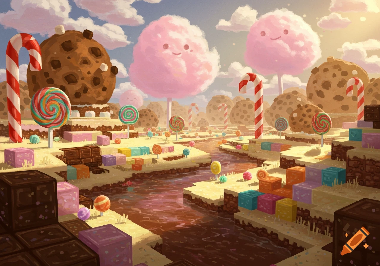 A colorful Minecraft-style candy land with chocolate rivers, lollipop trees, cotton candy clouds, and cookie mountains under a bright sky.