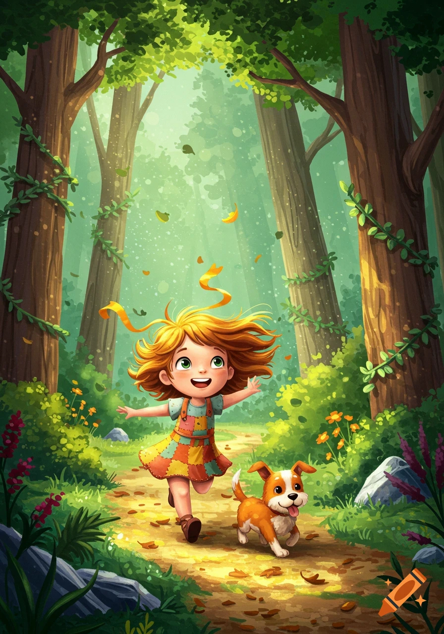 A joyful cartoon girl with red hair and a patchwork dress runs through a sunlit forest with her brown and white puppy.