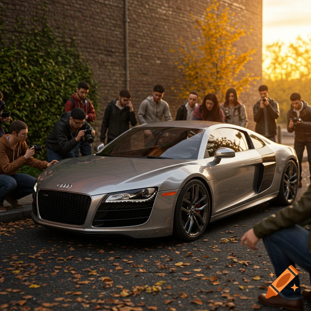 A silver Audi R8 sports car parked on an autumn street with fallen leaves, surrounded by car spotters and photographers at sunset.