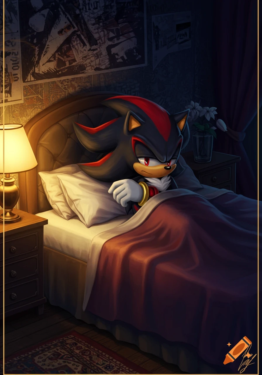 Shadow the Hedgehog in a dark bedroom, tucked comfortably under a blanket with a lamp lit on his nightstand.