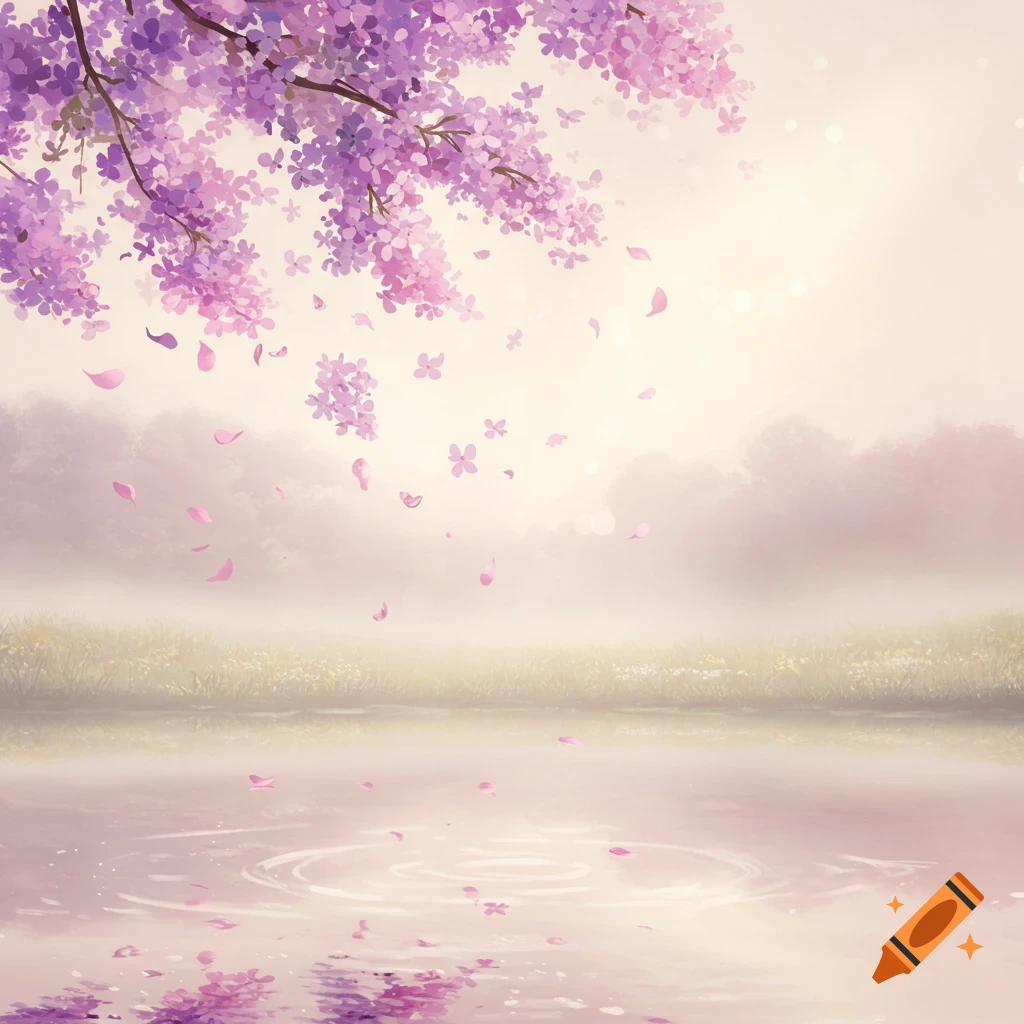 Illustration of purple lilac flowers hanging over a calm pond with falling petals and a misty background.