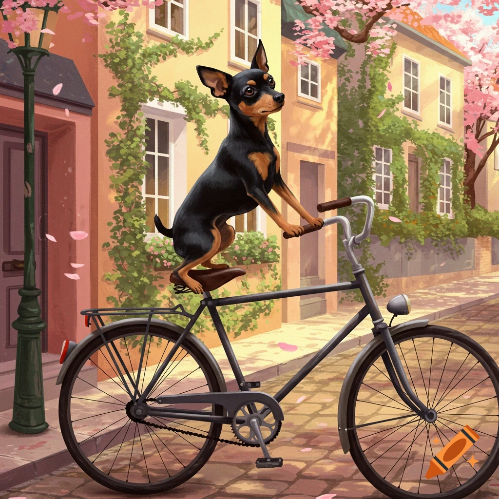 A black and tan rat terrier rides a bicycle on a cobblestone street lined with pastel buildings and cherry blossoms.
