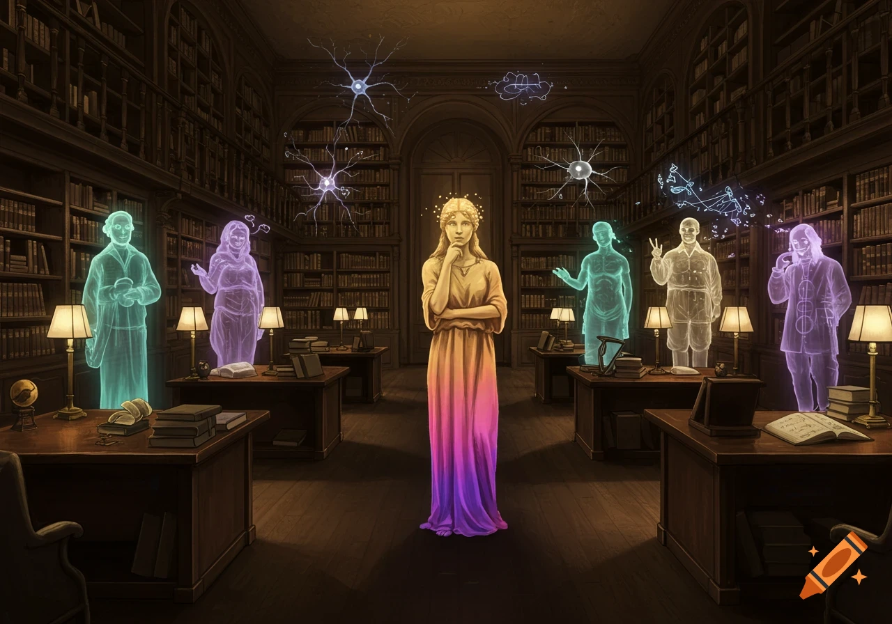 An illustrated library scene with a central woman and multiple glowing, transparent figures, surrounded by floating neuron-like structures.