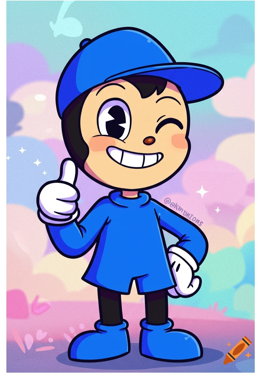 A retro cartoon character in a blue outfit and cap winks and gives a thumbs up against a colorful, cloudy background.