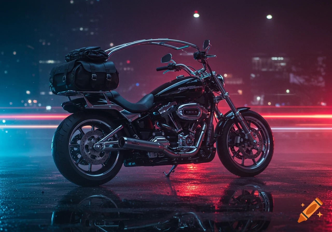 A black Harley Davidson motorcycle with luggage parked on a wet street at night, illuminated by red and blue neon lights with city reflections.