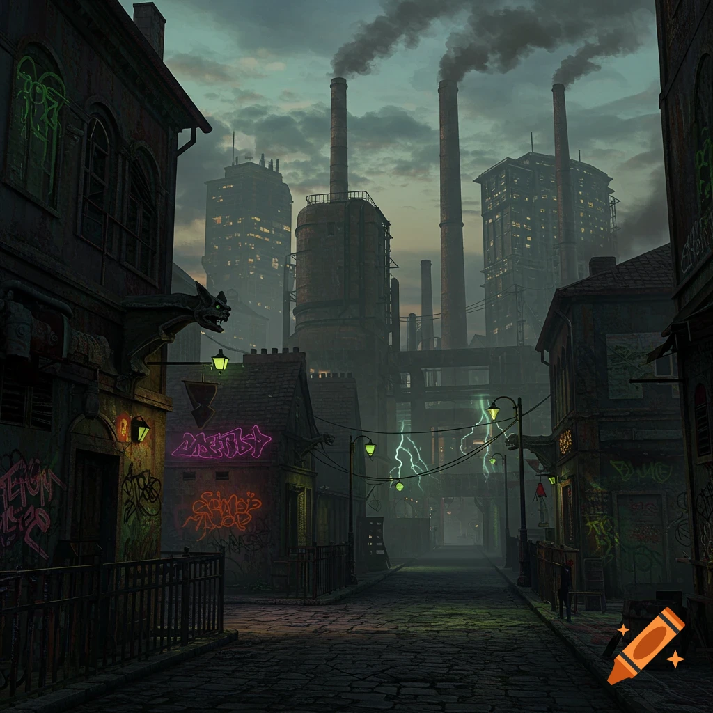 A dark, atmospheric industrial district with towering smokestacks emitting smoke, rundown gothic buildings covered in graffiti, and neon signs on a cobblestone street at dusk.