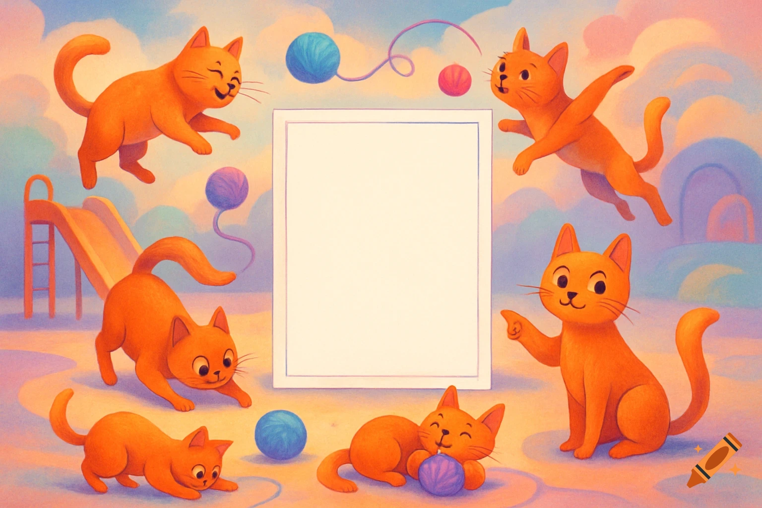 A whimsical illustration of six playful orange cats surrounding a blank white frame, with yarn balls and a slide in a pastel landscape.