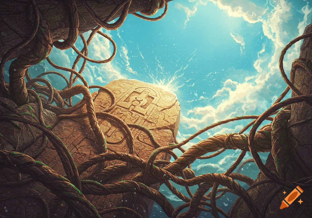Ancient stone monolith with symbols and glowing light, framed by tangled roots under a bright blue sky, fantasy art.