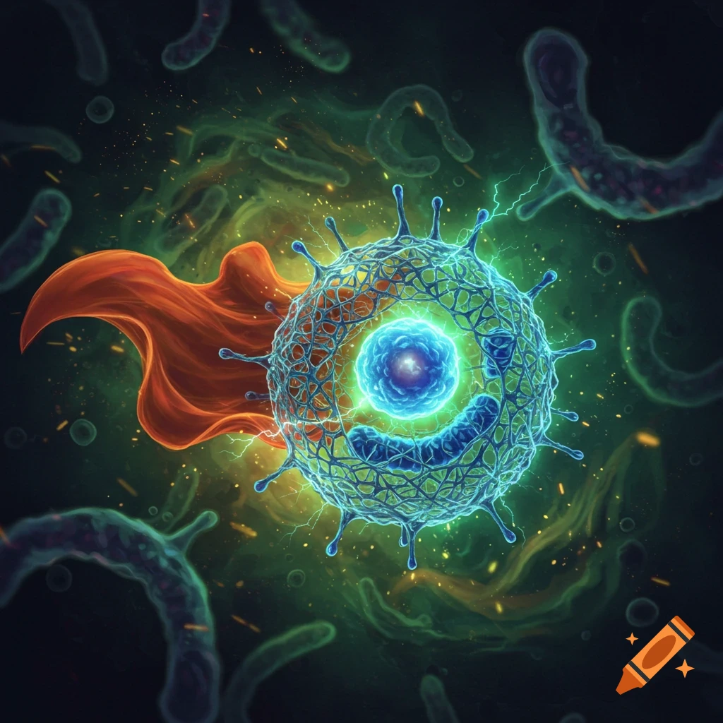 A vibrant, glowing blue and green spiky cell with an orange superhero cape, surrounded by a dark green, misty background with other blurry cells.